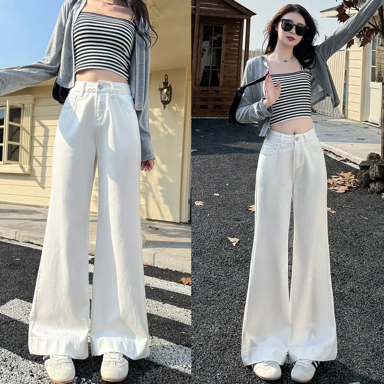 小个子窄版阔腿裤女夏季薄款白色牛仔裤高腰宽松显瘦直筒天丝透气