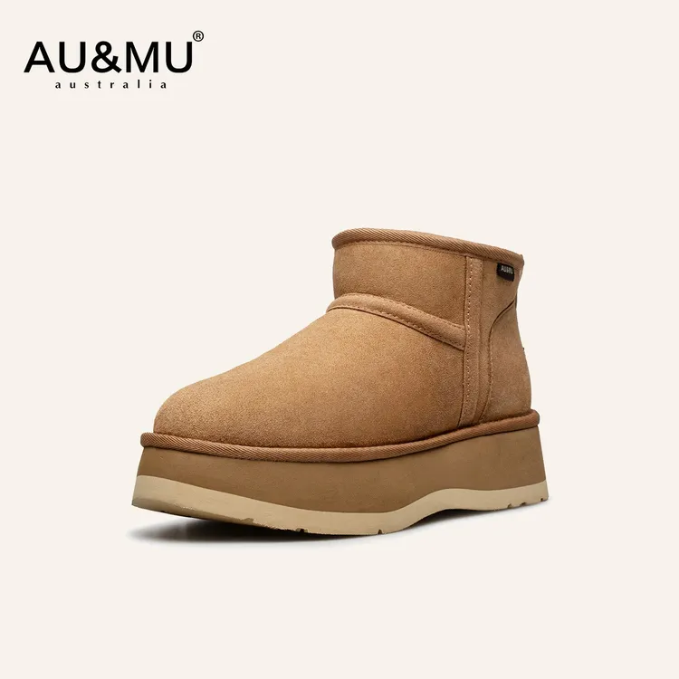 AU&MU2025年冬季新品雪地靴女皮毛一体百搭厚底增高保暖短靴3115