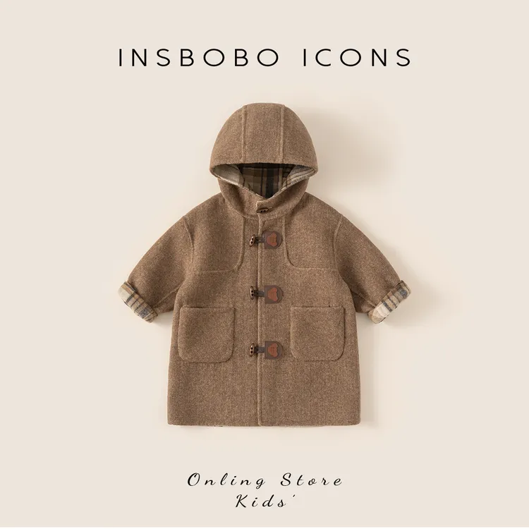 INSbobo儿童中长款大衣IP联名冬季保暖牛角扣双面呢大衣潮DY85144