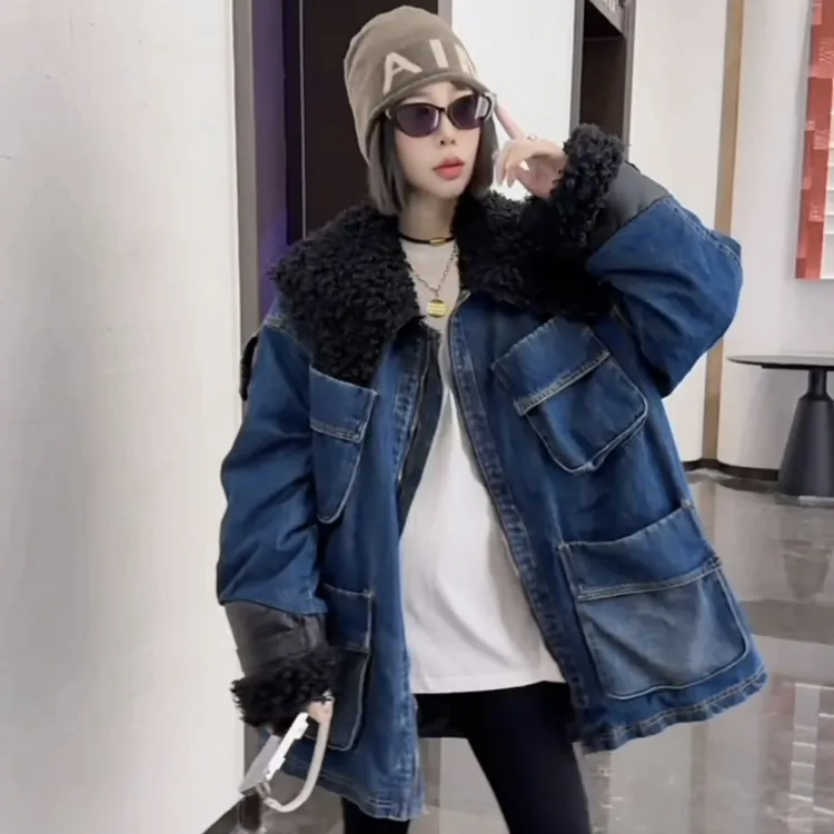 欧货冬季新款外套女皮毛一体羊圈毛牛仔白鸭绒羽绒服A889