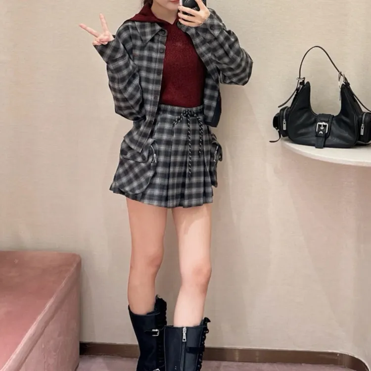SZSALI 定制复古格纹翻领长袖衬衫连帽毛衫高腰裙裤套装可分开拍