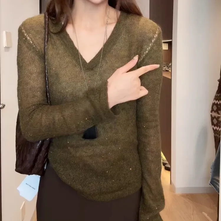 气质修身显瘦韩系轻熟风简约V领长袖针织衫上衣LK2506572
