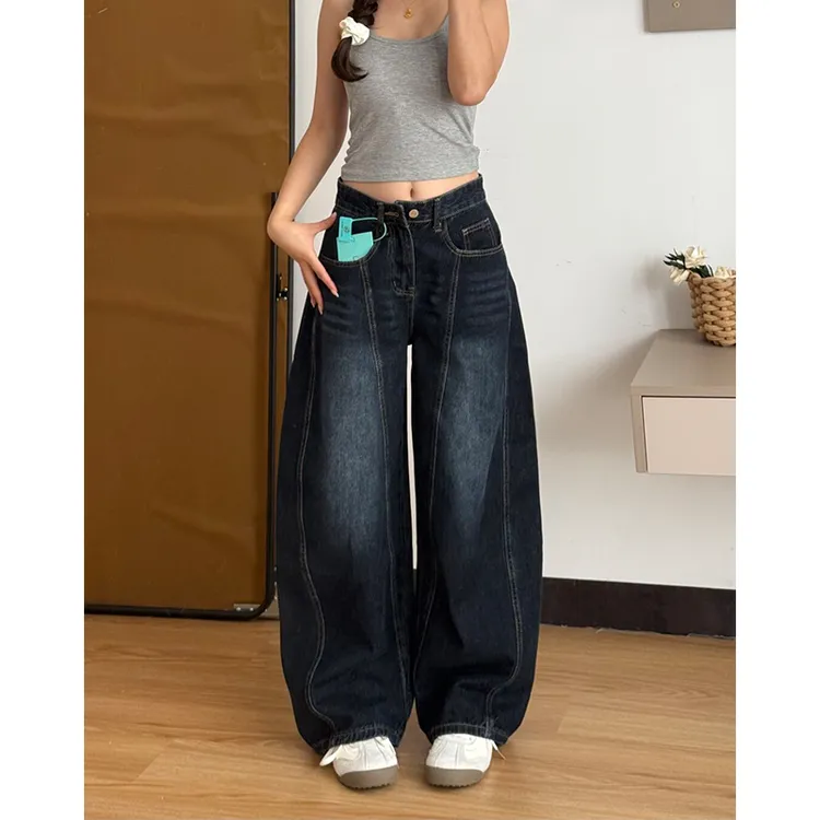 美式街头风复古刺绣弯刀牛仔裤女秋季新款高个子百搭宽松直筒长裤