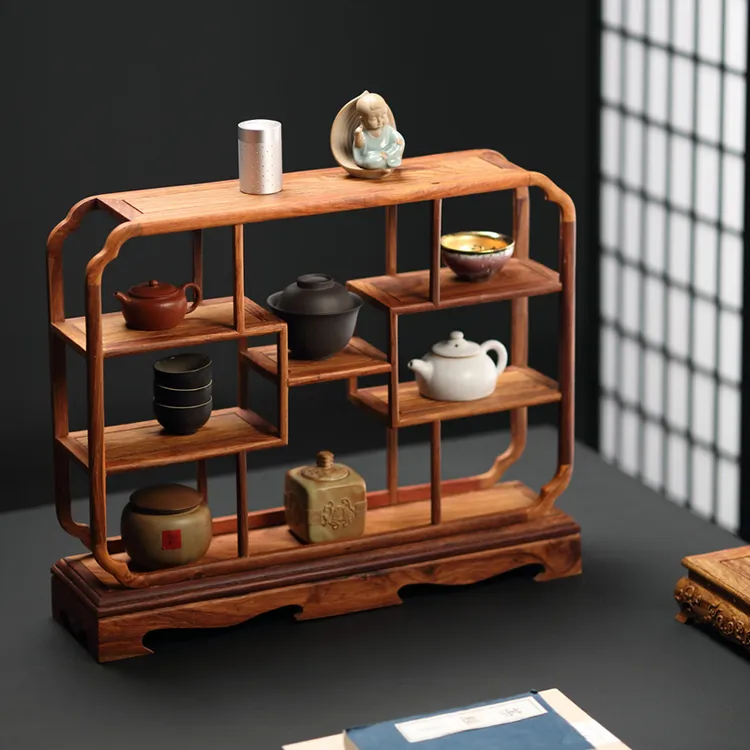 花梨木桌面博古架茶具茶杯收纳架紫砂壶置物架实木茶架茶壶展示架