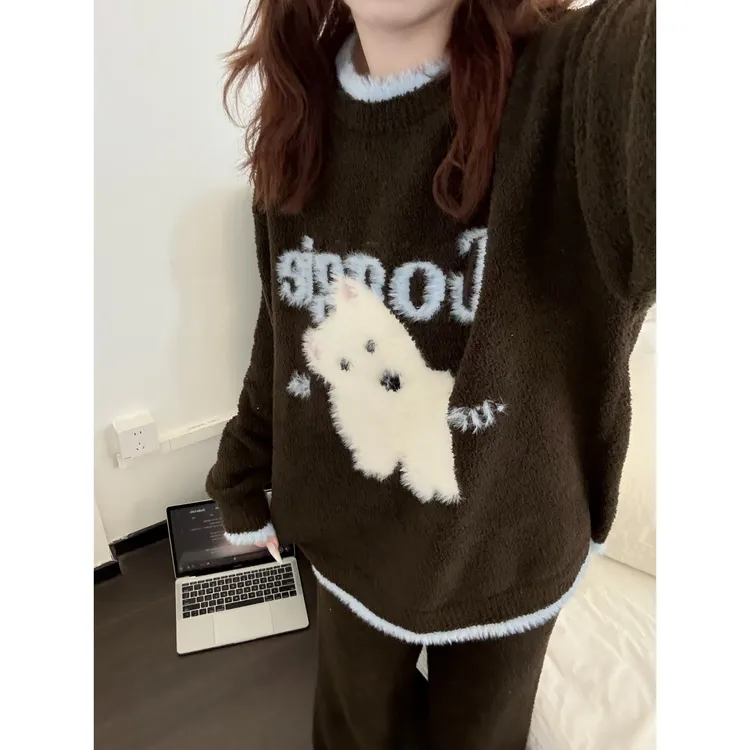 韩系可爱萨摩耶小狗半边绒睡衣女秋冬季加厚保暖家居服套装可外穿