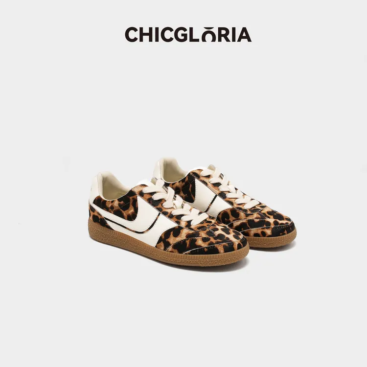 CHICGLORIA沈梦辰同款 德训豹纹女鞋牛皮透气平底鞋