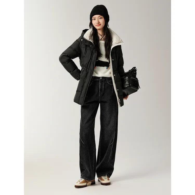 玖姿·安娜蔻优雅显瘦帽领中长收腰鸭绒羽绒女2025冬季款JTFD03202