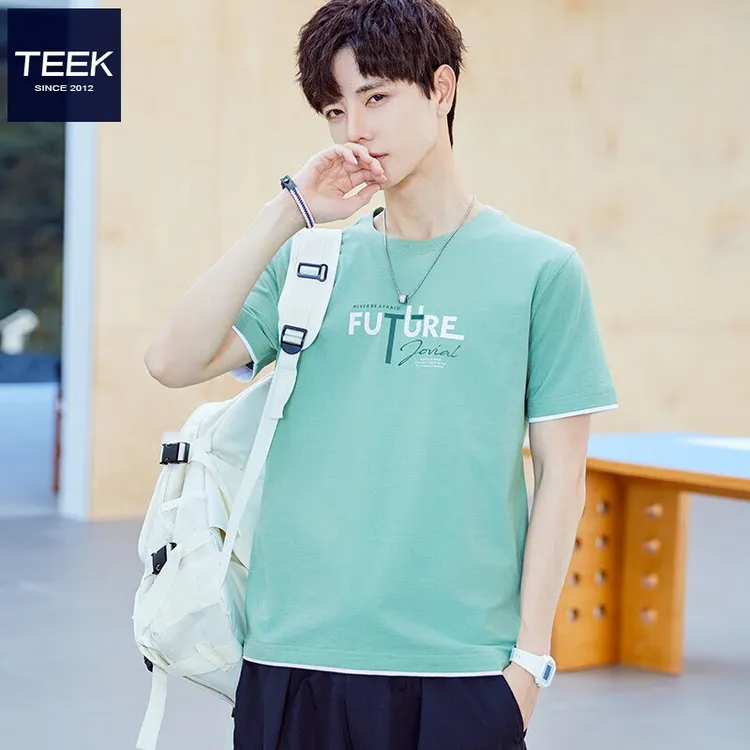 TEEK纯棉假两件短袖t恤男夏季休闲绿色上衣 2025新款时尚透气男装