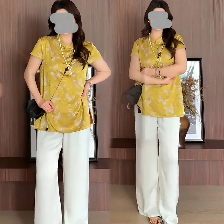 2025夏季新款时尚新中式国风斜门襟提花上衣女显瘦直筒休闲裤套装
