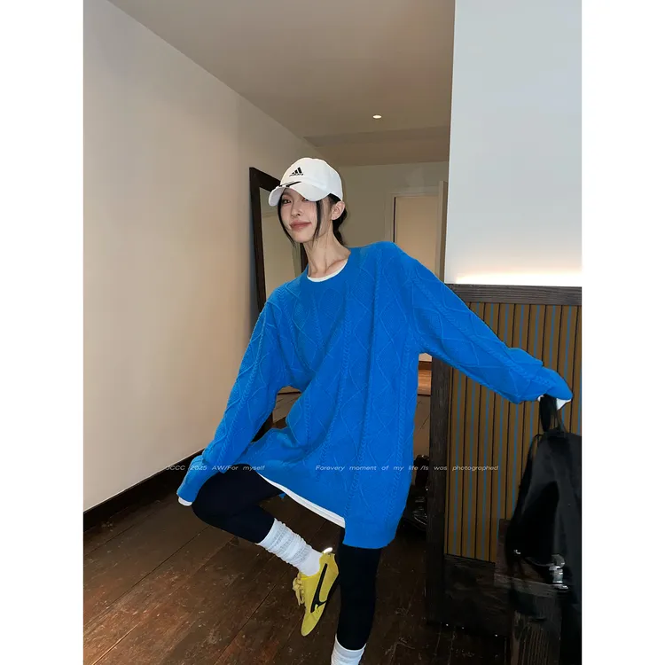 JCCC影子【十六夜】蓝色显白不规则下摆绞花针织套头毛衣JE5BZS24