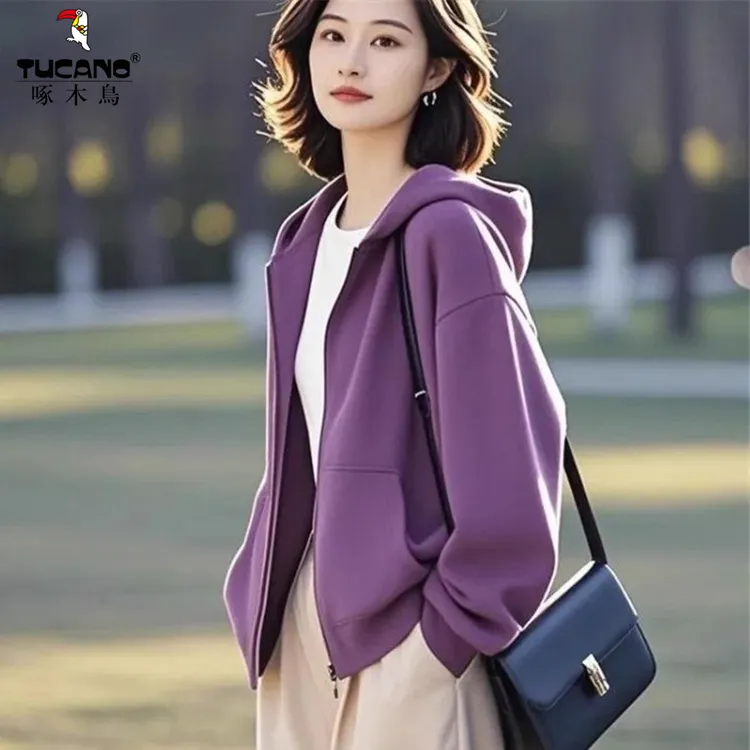 啄木鸟纯棉大码宽松卫衣女秋冬新款中老年妈妈装纯色连帽休闲外套