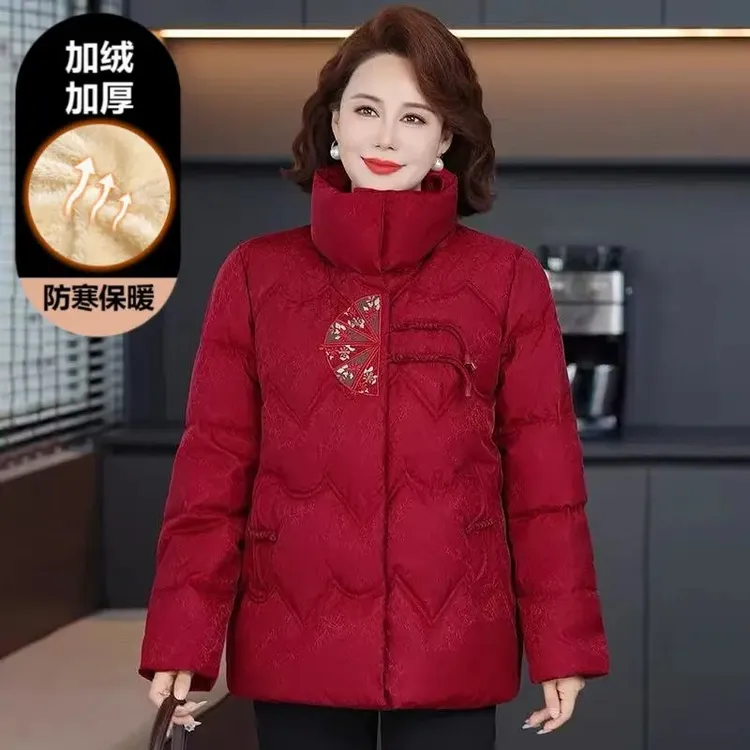 妈妈冬装加绒加厚棉服2025新款中老年女洋气刺绣棉袄外套保暖棉衣