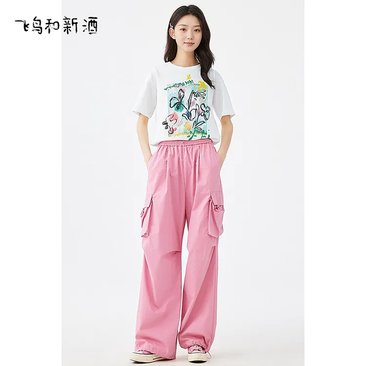 飞鸟和新酒印花短袖圆领T恤女纯棉白色上衣FA53091050