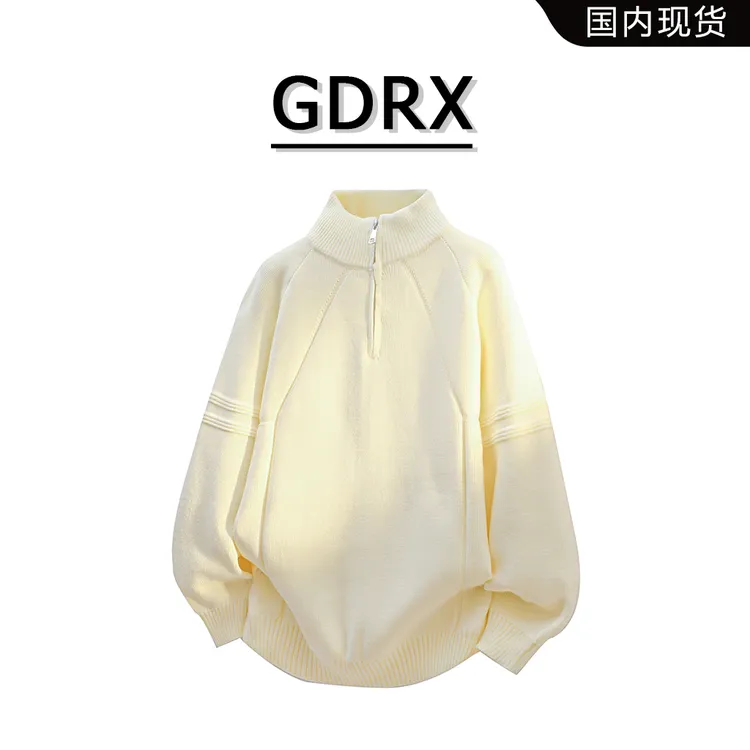 GDRX美式长袖圆领针织毛衣男秋季纯色拼接设计感上衣慵懒风男装