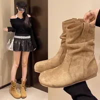 韩版复古磨砂皮勃肯短靴女2025年新款内增高厚底美拉德褶皱堆堆靴