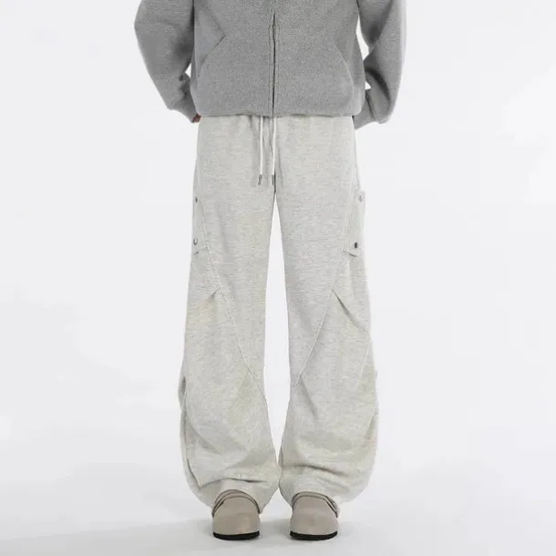 传奇保罗美式潮牌灰色褶皱休闲裤男直筒宽松秋季卫裤阔腿运动长裤