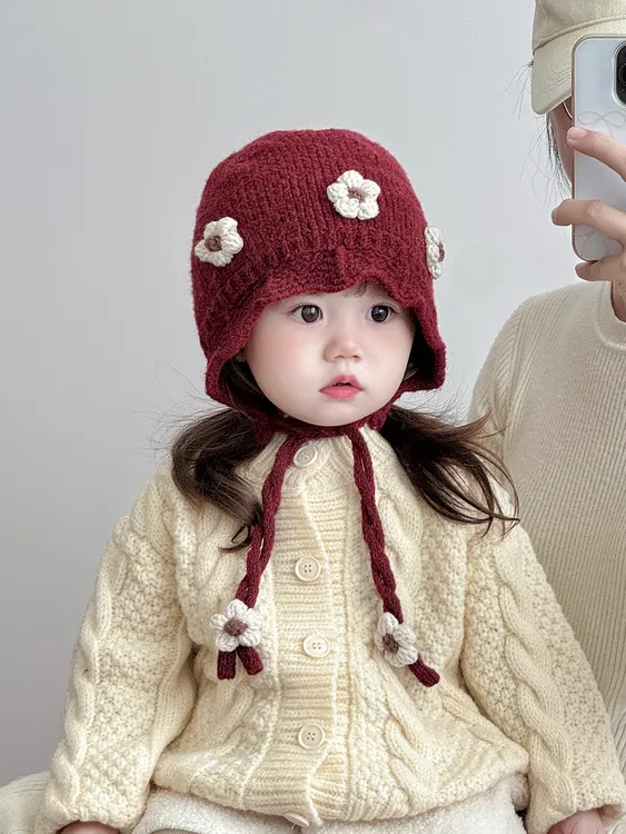 宝宝帽子冬天毛线帽可爱韩版甜美花朵针织护耳帽婴幼儿加厚保暖帽