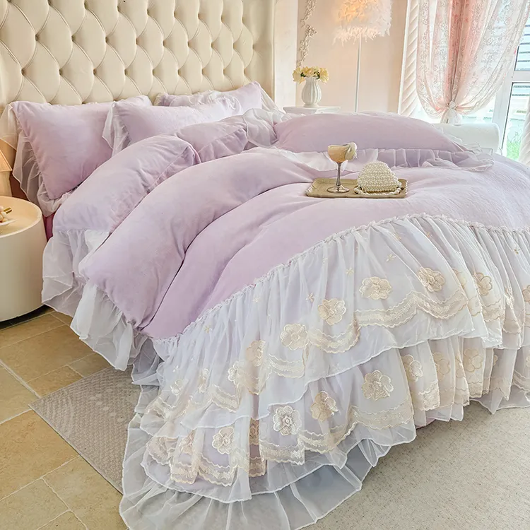 Aa类高克重牛奶绒蕾丝花边床裙四件套双面绒保暖被套冬季加绒床单