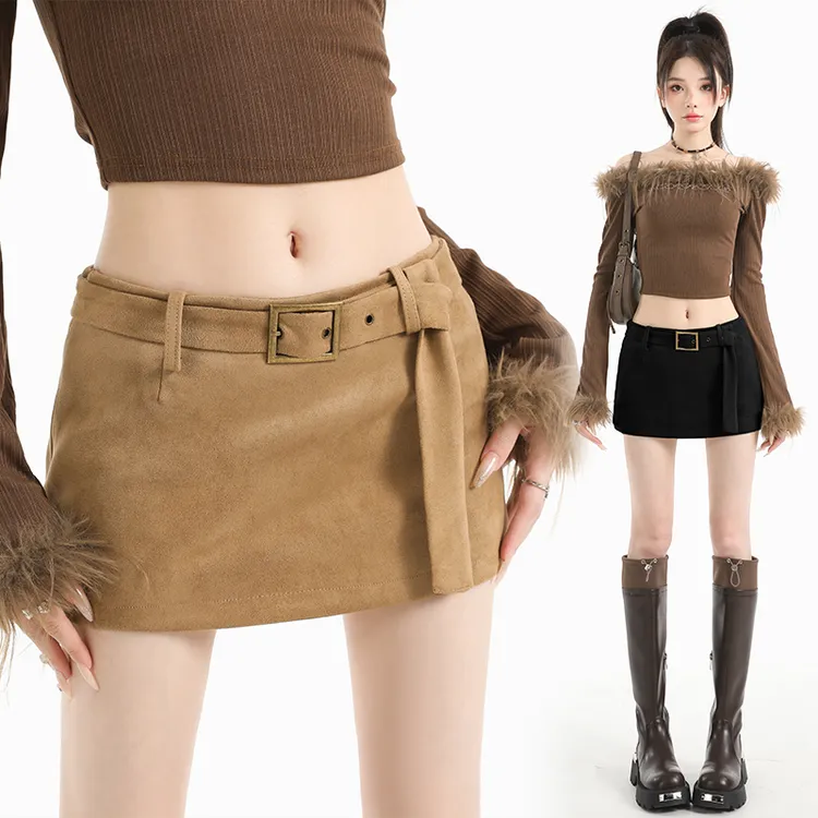 甜酷辣妹鹿皮绒系带半身裙2025秋季新款中低腰修身显瘦包臀短裙女