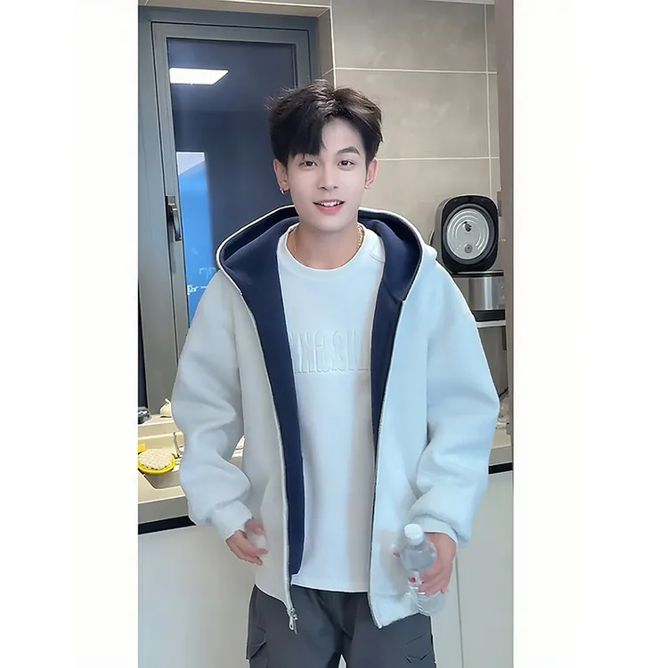 美式灰色撞色拼接卫衣男款秋季cleanfit重磅外套潮流情侣叠穿帽衫