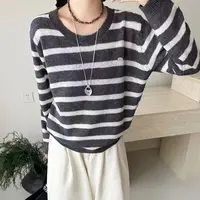 〔条纹小标～丝羊绒〕〔不可机洗〕韩系撞色条纹圆领长袖针织上衣