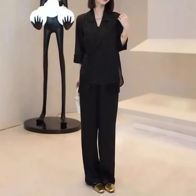 中年人女装2025新款时尚高级感翻领系带西服套装宽松显瘦30-50岁