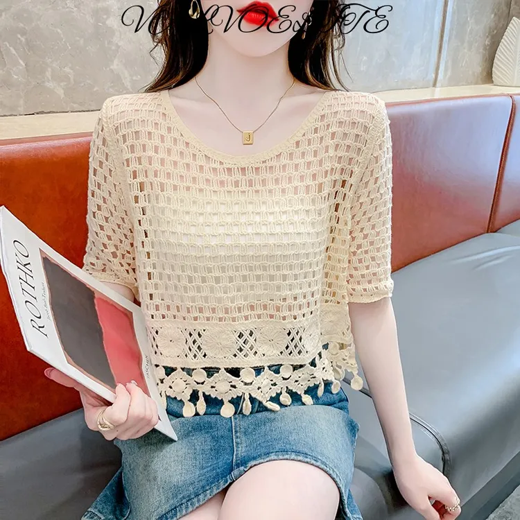 钩花镂空短袖针织衫女薄款2025夏季新款时尚洋气宽松显瘦短款上衣