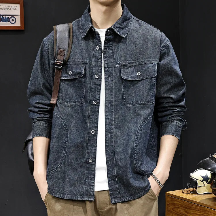 春秋新款美式复古纯棉牛仔衬衫男外套2025潮牌大码休闲薄衣服长袖