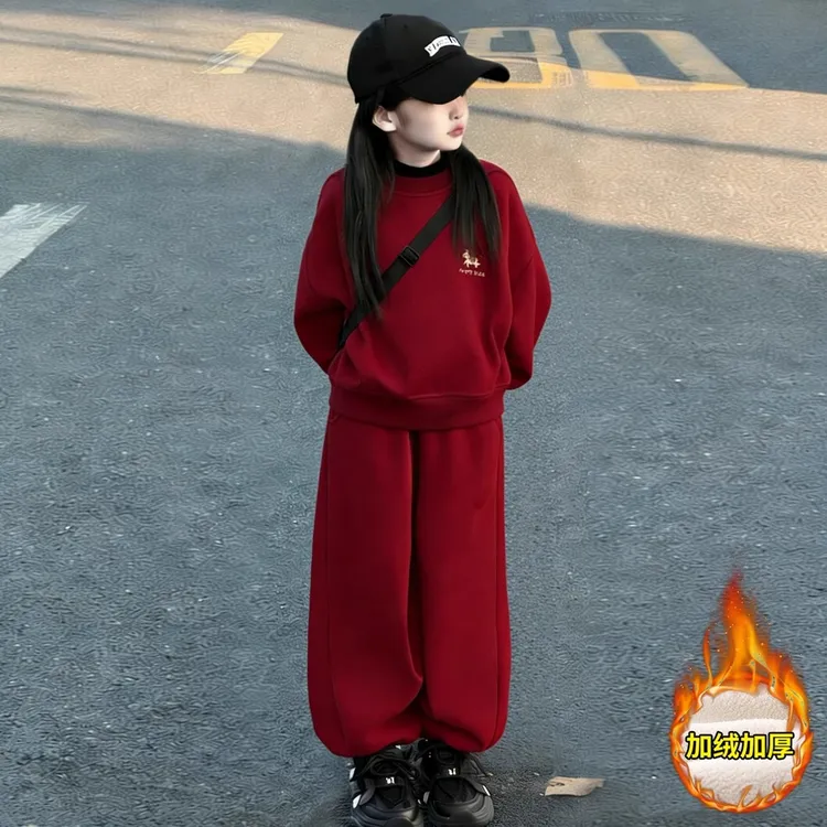 女童冬季拜年套装2025新款洋气儿童中大童休闲加绒加厚保暖两件套