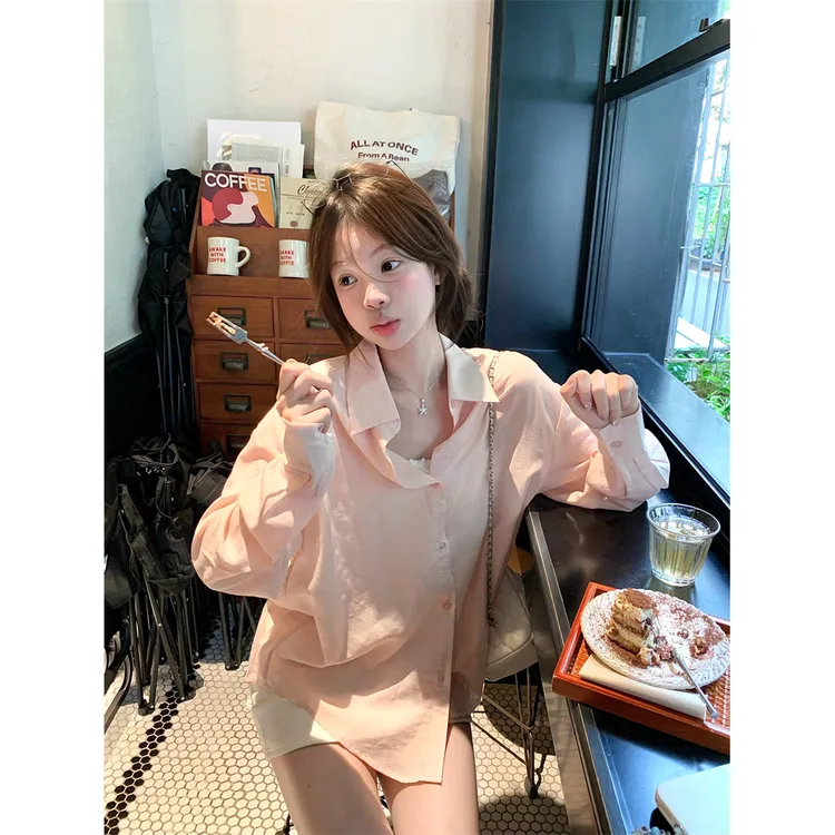 韩系甜美风polo领粉色宽松长袖衬衫女时尚百搭单排扣小众基础上衣