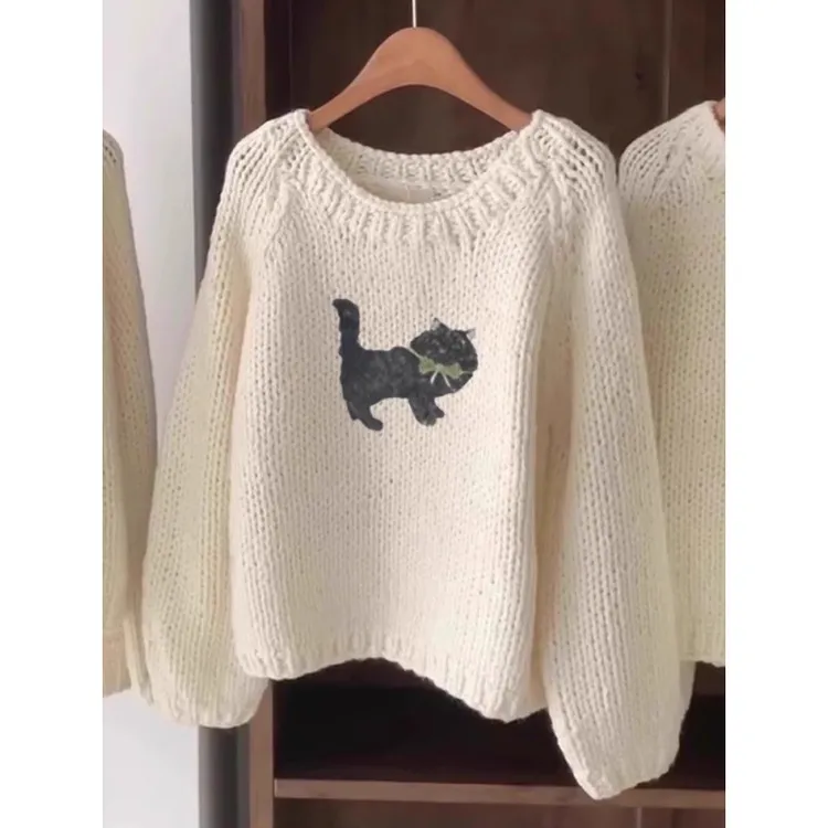 2-300斤特大码ins韩系洋气卡通猫咪针织衫秋季男女慵懒风休闲毛衣