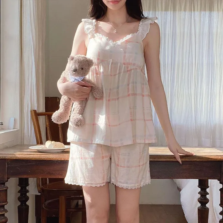 GPSUNLU夏季甜美小清新蕾丝花边吊带纯棉带胸垫睡衣女款家居服