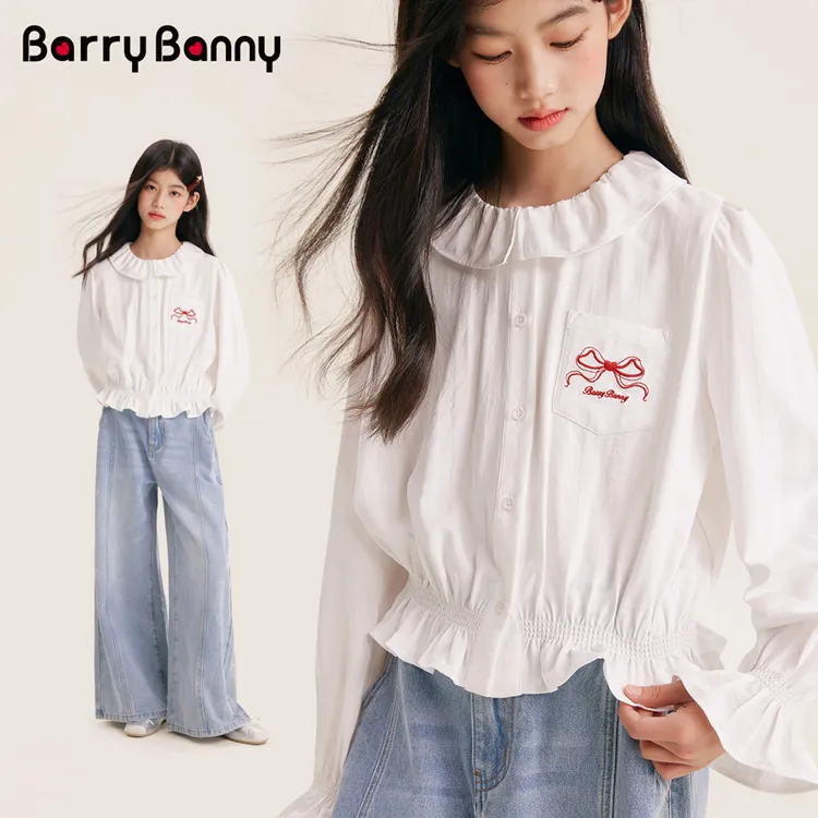 BarryBanny女童娃娃领长袖衬衫2025秋季新款T恤儿童荷叶边上衣