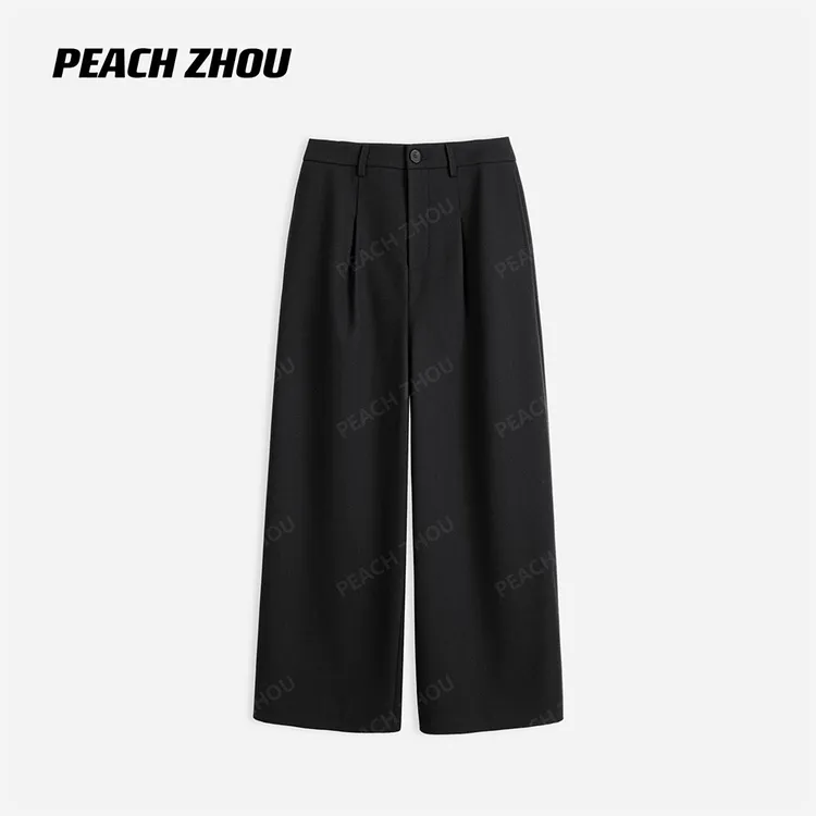 『PEACHZHOU』羊毛四缝线压褶宽松直筒西装系扣休闲裤通勤九分裤