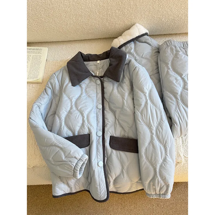 韩版休闲撞色菱格夹棉睡衣女2025冬季新款保暖加绒加厚家居服套装