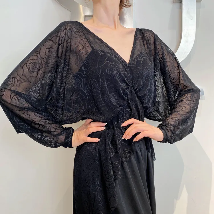 GR1185褶皱V领蝙蝠袖蕾丝中长款连体上衣摩登舞国标舞