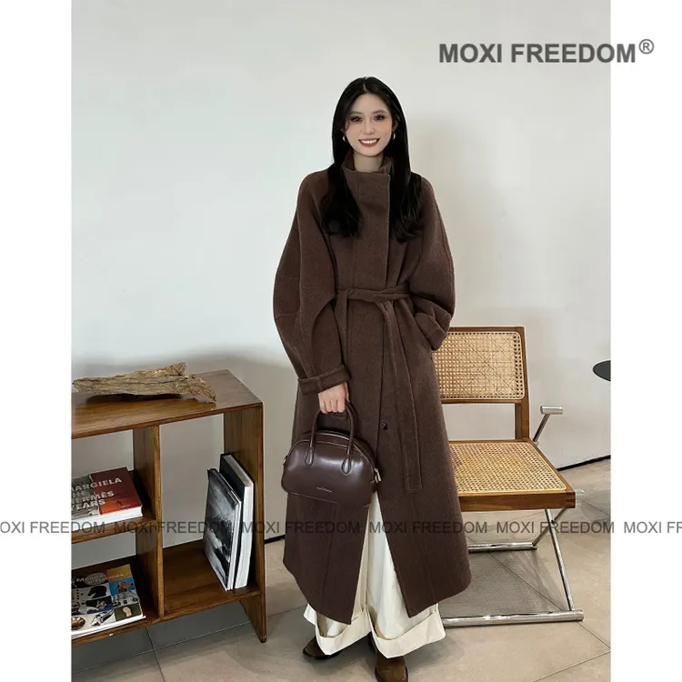 【缪斯之语】高品质羊绒腰带款休闲中长款双面羊绒毛大衣外套