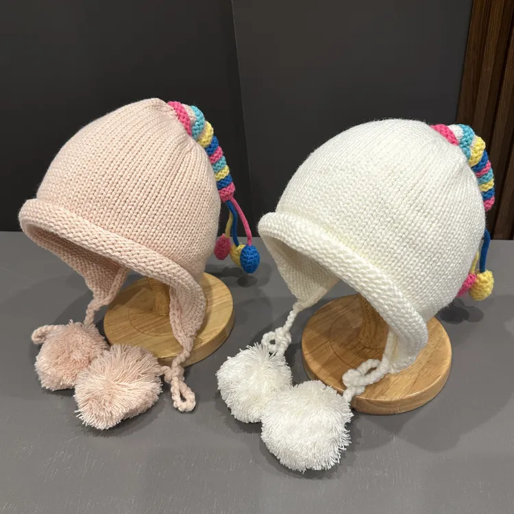 【彩流梳】儿童秋冬帽子保暖彩虹针织帽冬天保暖洋气护耳加厚毛线帽