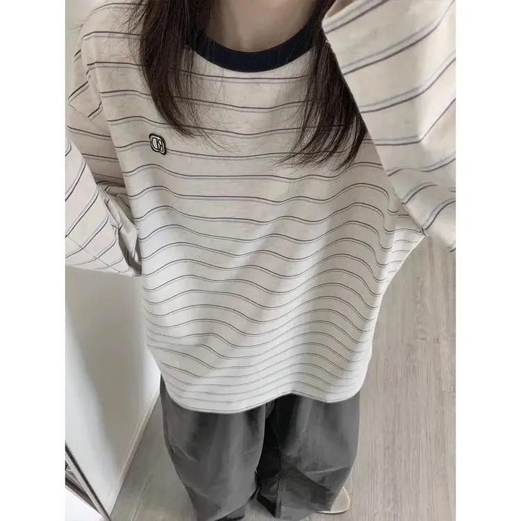 韩系流光风撞色条纹新款长袖t恤女春秋季宽松休闲vintage潮流上衣