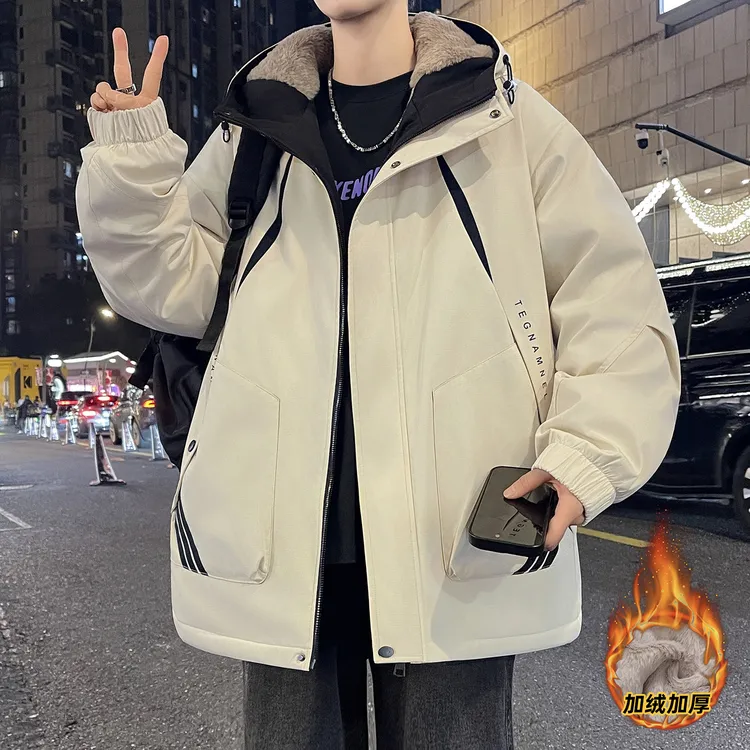 外套男生2025新款秋冬季加绒加厚夹克男款港风宽松连帽冲锋衣褂子