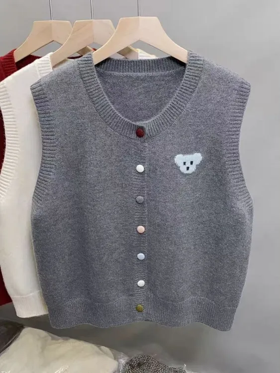 早秋季新款韩系减龄彩色纽扣针织马甲叠穿背心女无袖马夹坎肩上衣