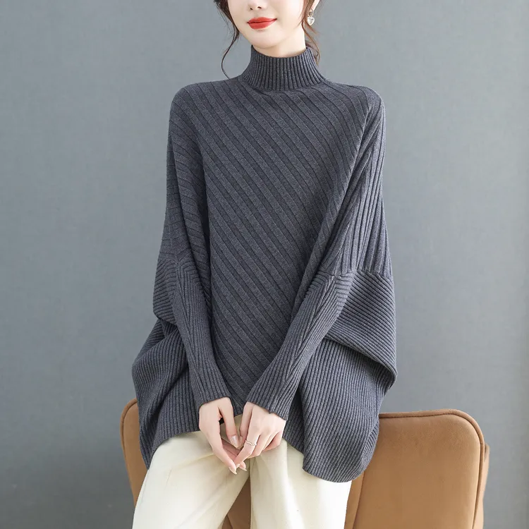 正品羊毛衫女秋冬半高领时尚蝙蝠衫宽松大码加厚针织斗篷毛衣外穿