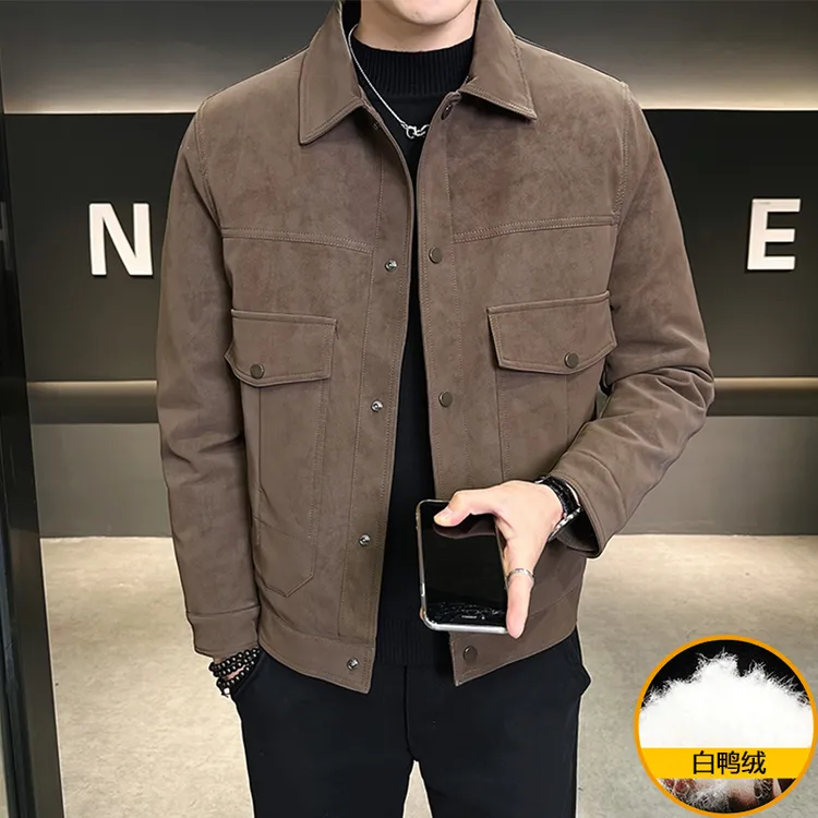 冬季羽绒轻熟男潮流时尚短款白鸭绒外套复古工装百搭袋盖皮羽绒服