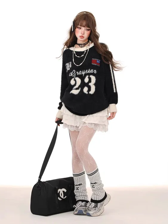 潮牌美式字母提花马海毛圆领毛衣男女慵懒宽松情侣针织衫街头ins