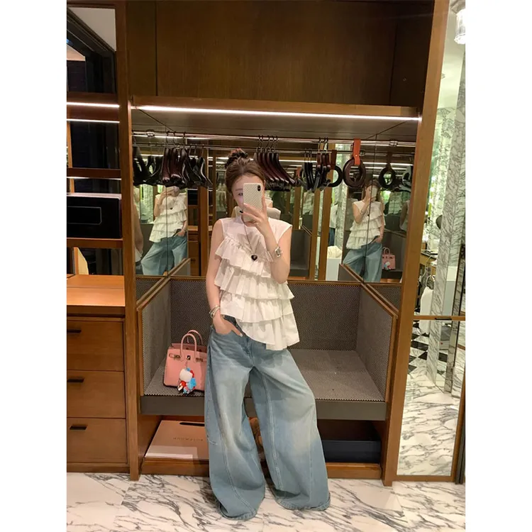 甜美风气质设计感荷叶边宽松背心上衣高腰显瘦直筒小众休闲阔腿裤