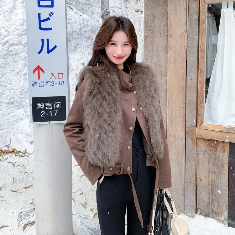 咖色轻熟御姐风真貉子毛马甲套装女2025冬季新款机车羽绒服两件套