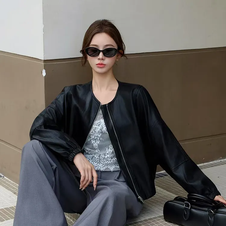 拉链圆领蛋白皮衣外套女秋季2025新款宽松休闲短款夹克棒球服上衣