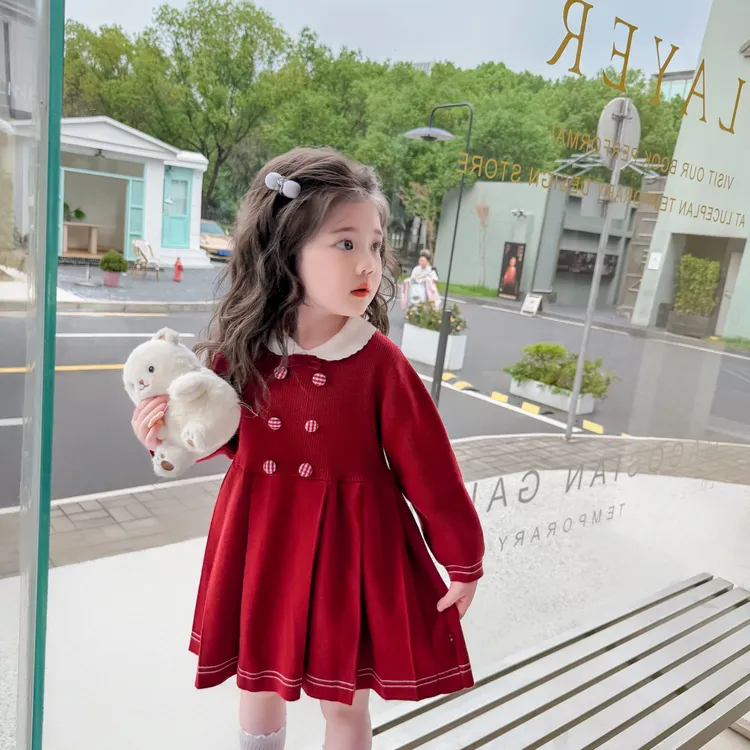 女童毛衣裙秋冬新款秋季蓬蓬裙蝴蝶结公主裙女连衣裙宝宝针织小童