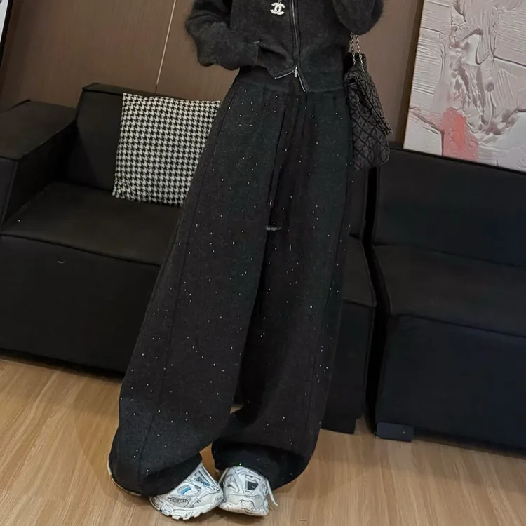 慵懒风加绒阔腿裤女冬季宽松显瘦抽绳高腰加厚长裤细闪休闲直筒裤