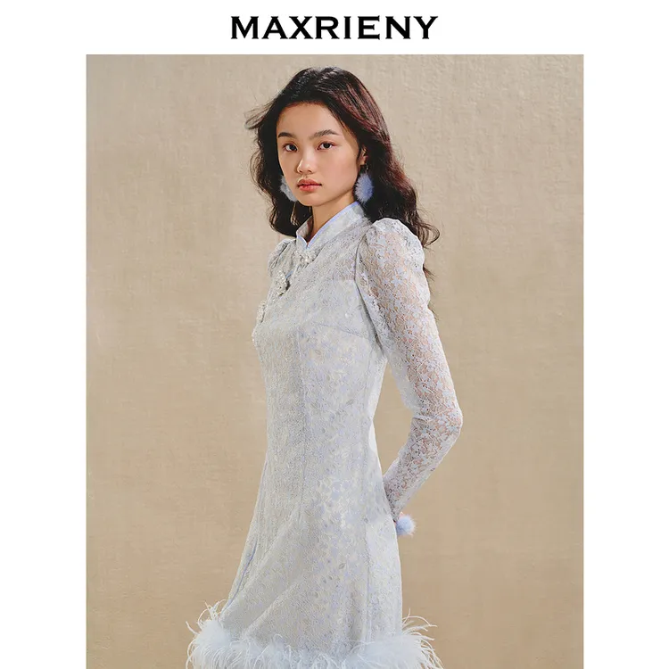 MAXRIENY贵雅新中式连衣裙水晶盘扣收腰裙子显瘦女